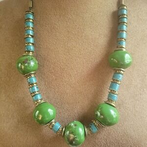 Vintage Green Floral & Turquoise Blue Beaded Statement Necklace One Size Cottage